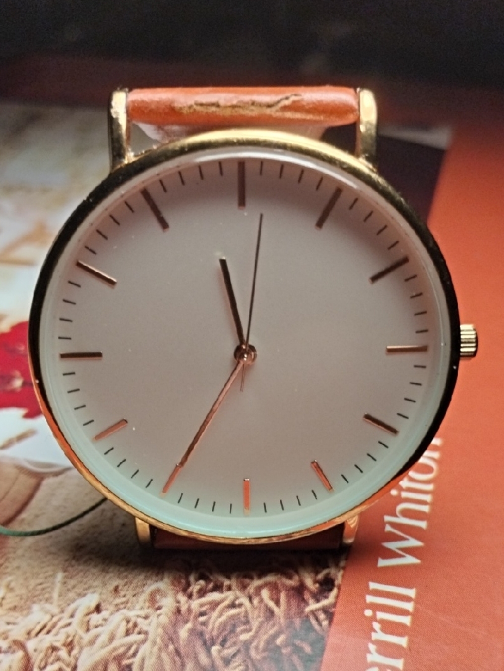 Vintage Gold Case White Dial Watch with Brown Strap